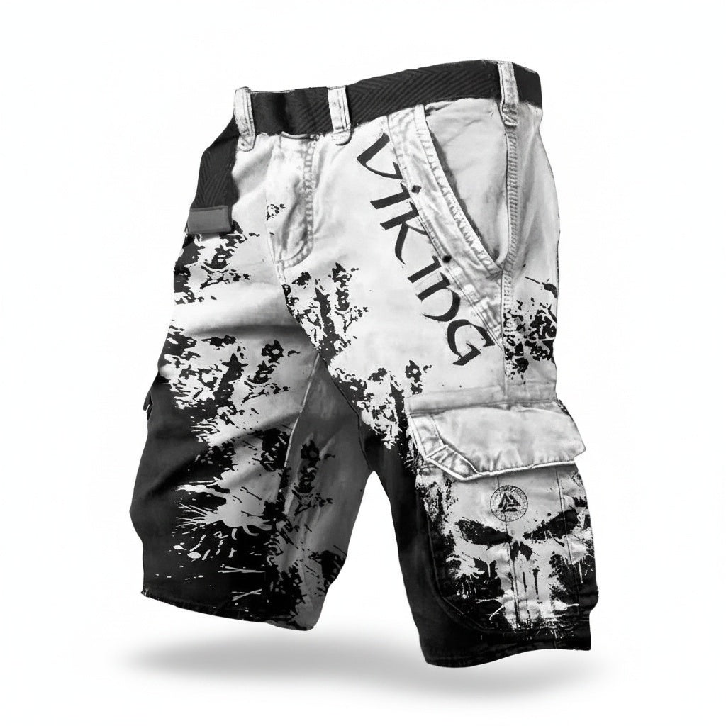 Homme Short Cargo Viking à Imprimé Tête de Mort et Motif Grunge