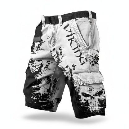 Homme Short Cargo Viking à Imprimé Tête de Mort et Motif Grunge