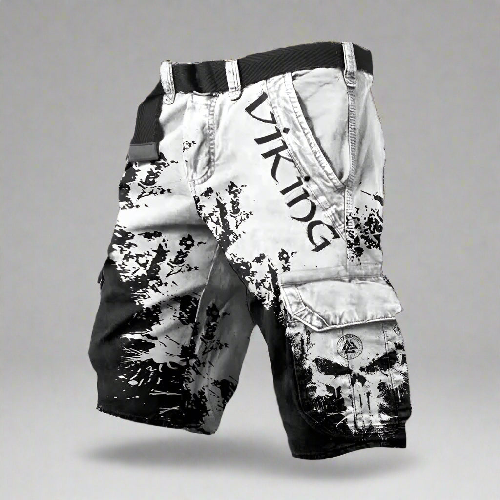 Homme Short Cargo Viking à Imprimé Tête de Mort et Motif Grunge