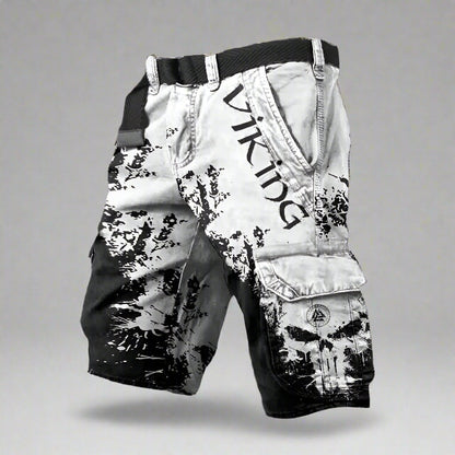 Homme Short Cargo Viking à Imprimé Tête de Mort et Motif Grunge
