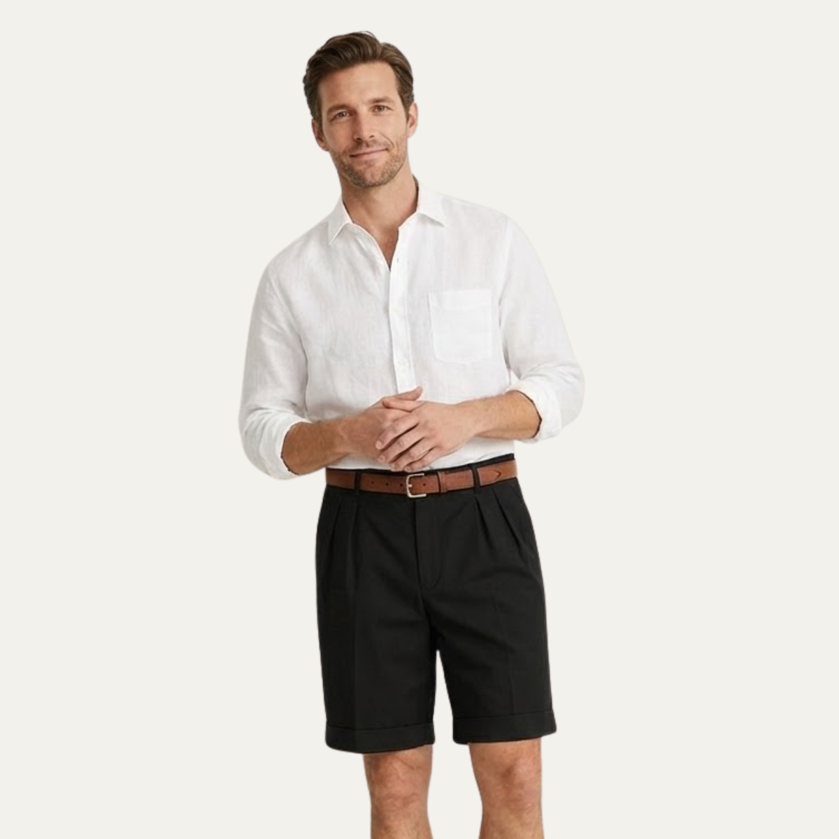 Homme Short Chino à Plis avec Revers et Ceinture