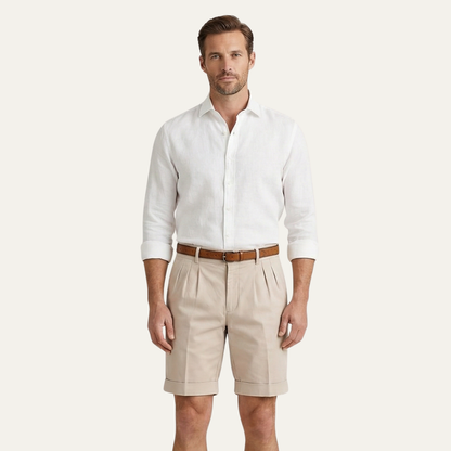 Homme Short Chino à Plis avec Revers et Ceinture