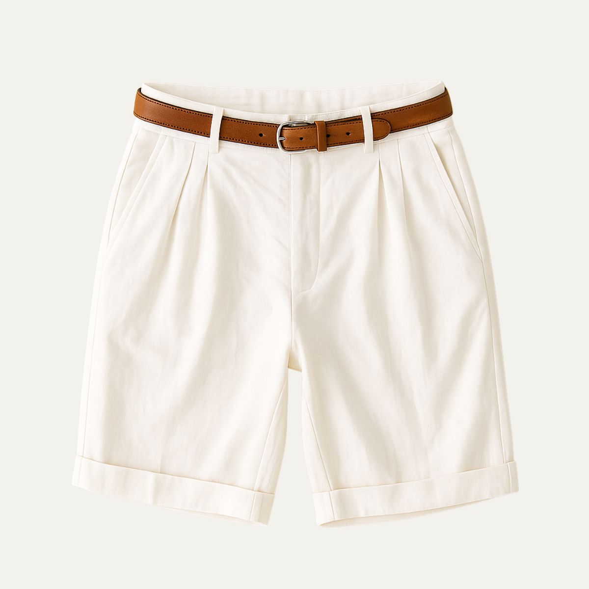 Homme Short Chino à Plis avec Revers et Ceinture
