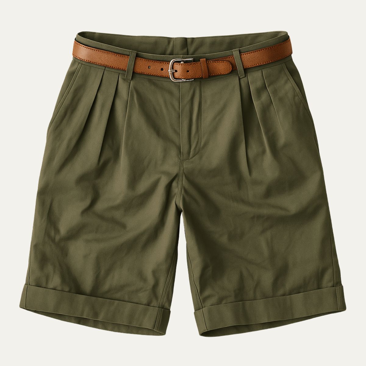 Homme Short Chino à Plis avec Revers et Ceinture