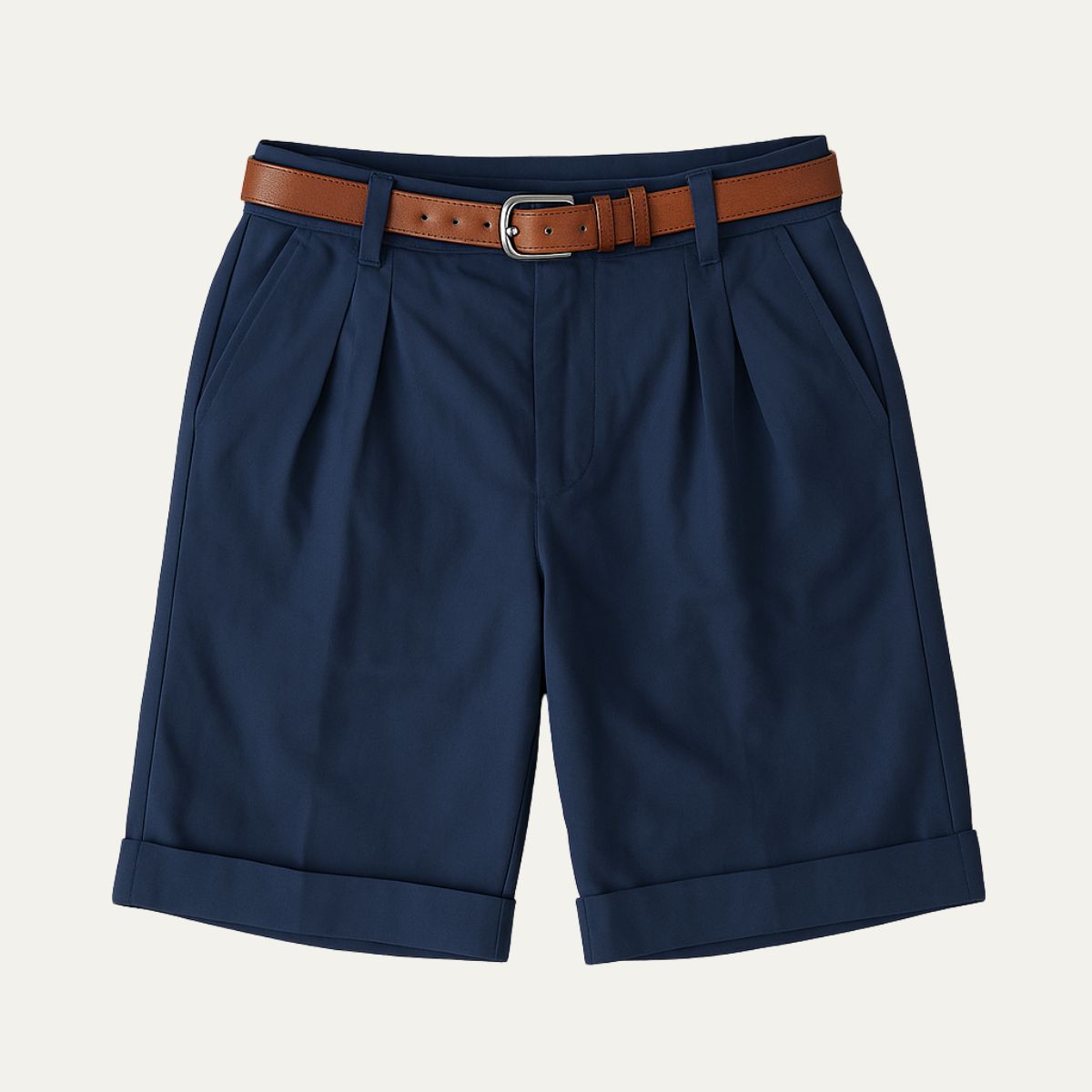 Homme Short Chino à Plis avec Revers et Ceinture