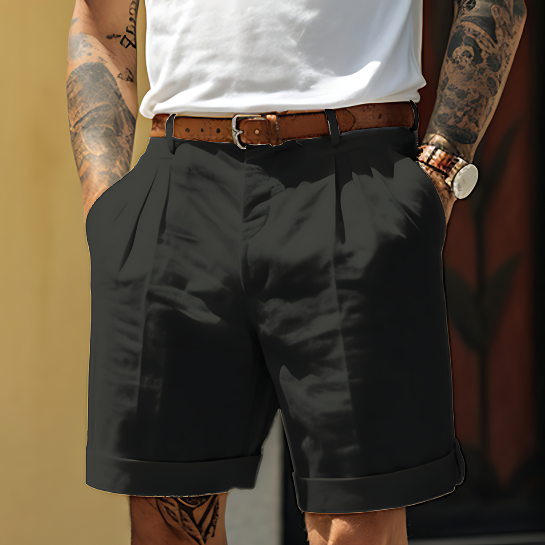 Homme Short Chino à Plis avec Revers et Passants pour Ceinture