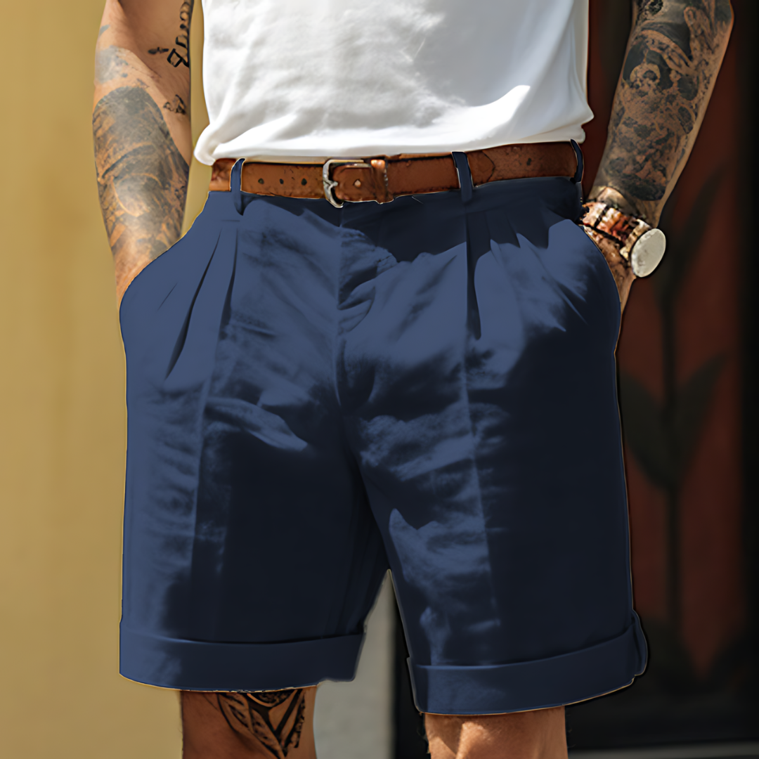Homme Short Chino à Plis avec Revers et Passants pour Ceinture