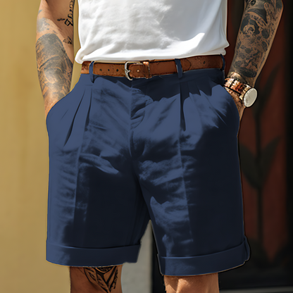 Homme Short Chino à Plis avec Revers et Passants pour Ceinture