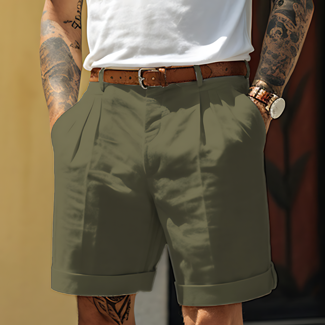Homme Short Chino à Plis avec Revers et Passants pour Ceinture