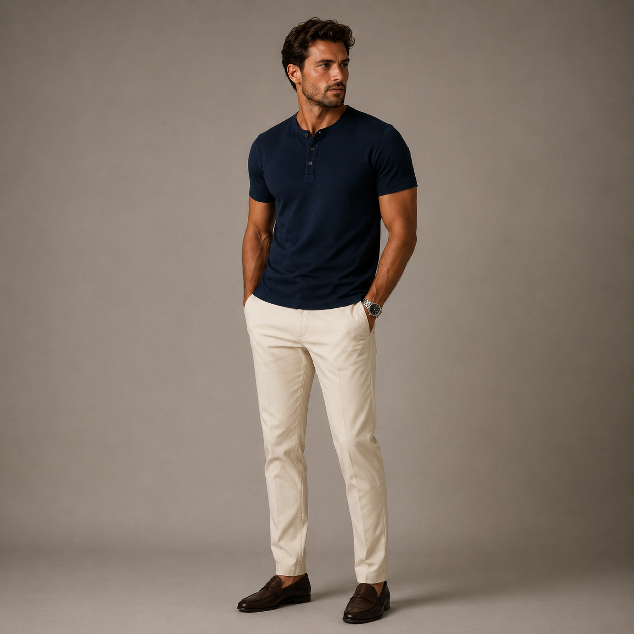 Homme T-shirt Henley Manches Courtes avec Boutons