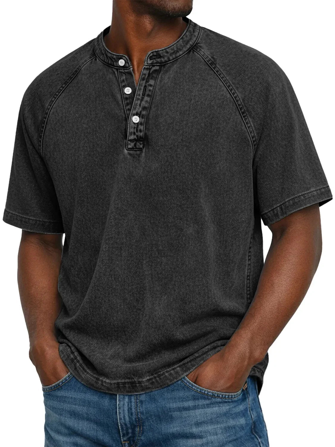 Homme T-shirt Henley Manches Courtes avec Boutons