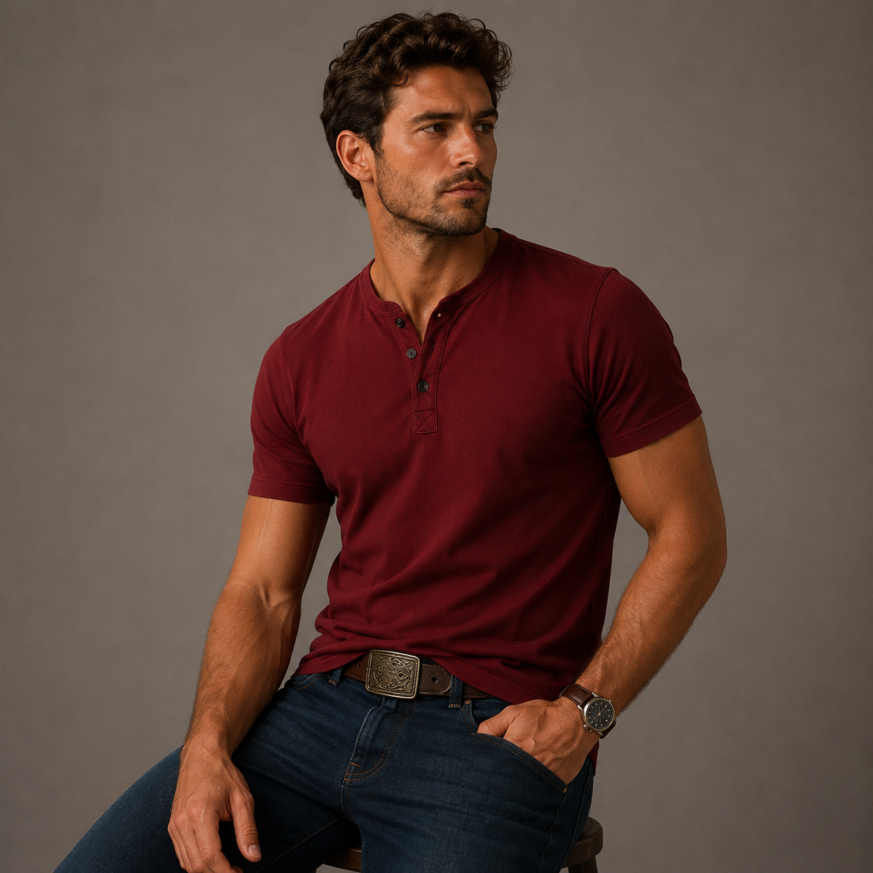 Homme T-shirt Henley Manches Courtes avec Boutons