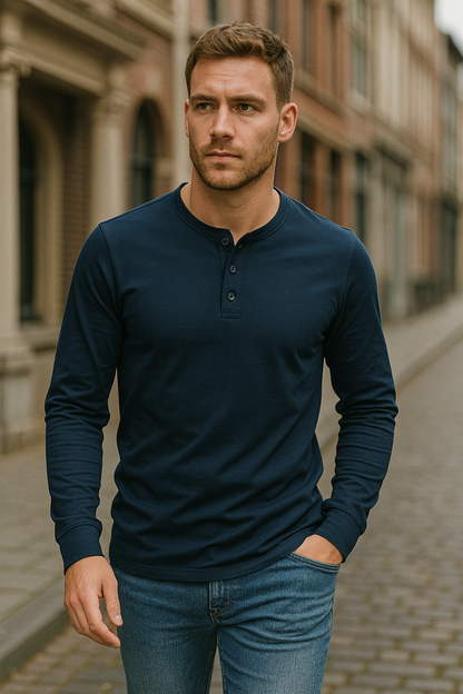 Homme T-shirt Henley Manches Longues avec Col Rond et Boutons