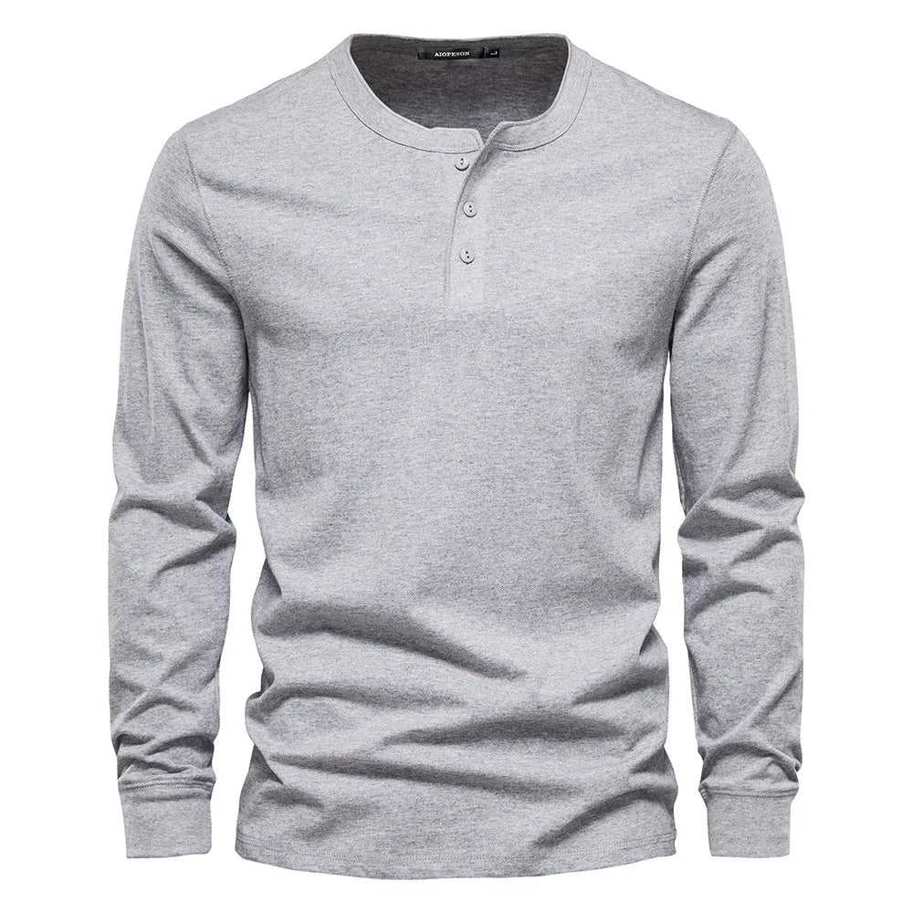Homme T-shirt Henley Manches Longues avec Col Rond et Boutons