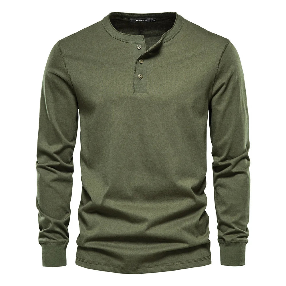 Homme T-shirt Henley Manches Longues avec Col Rond et Boutons