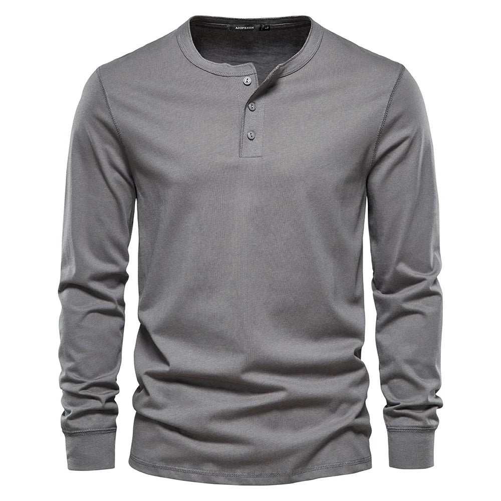 Homme T-shirt Henley Manches Longues avec Col Rond et Boutons