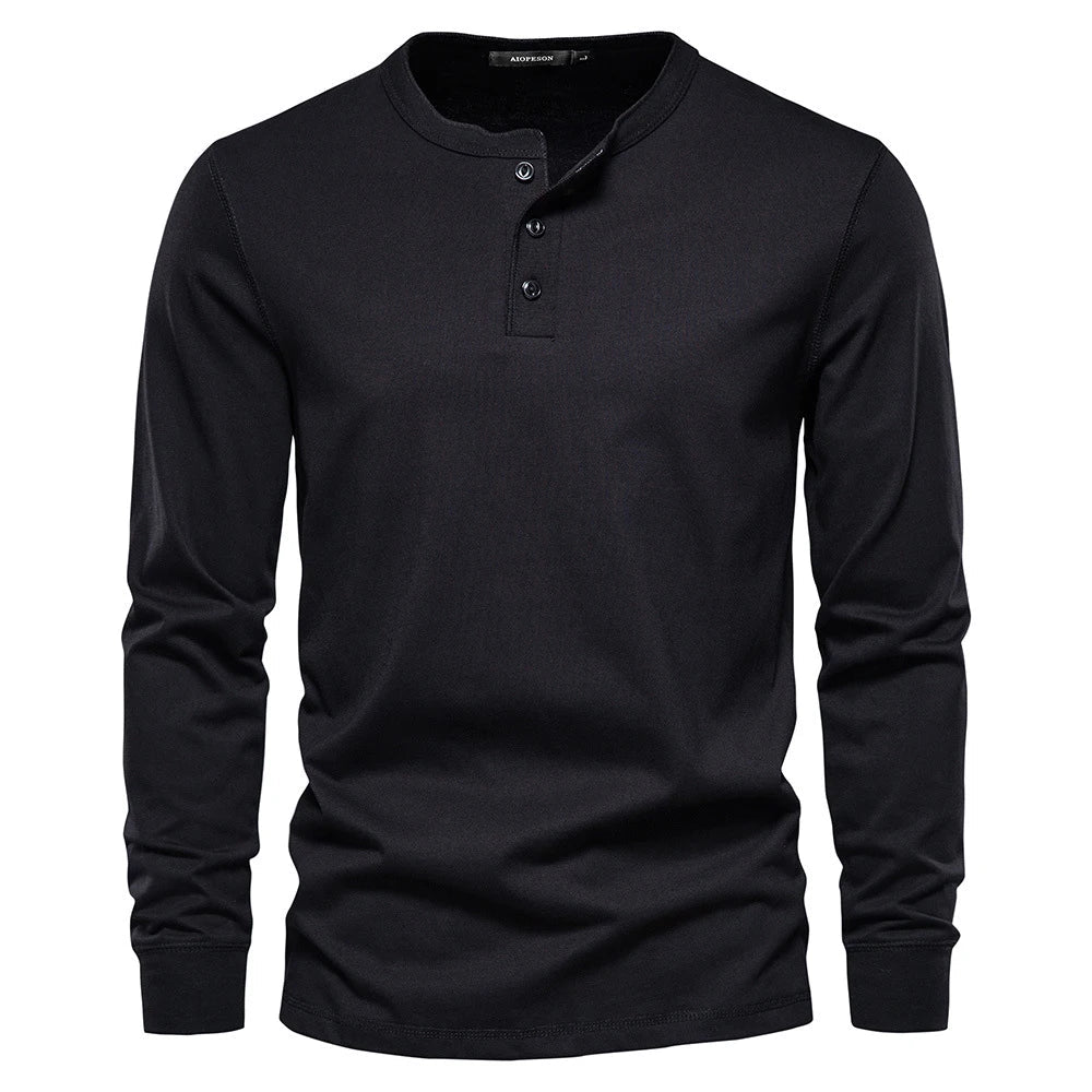 Homme T-shirt Henley Manches Longues avec Col Rond et Boutons