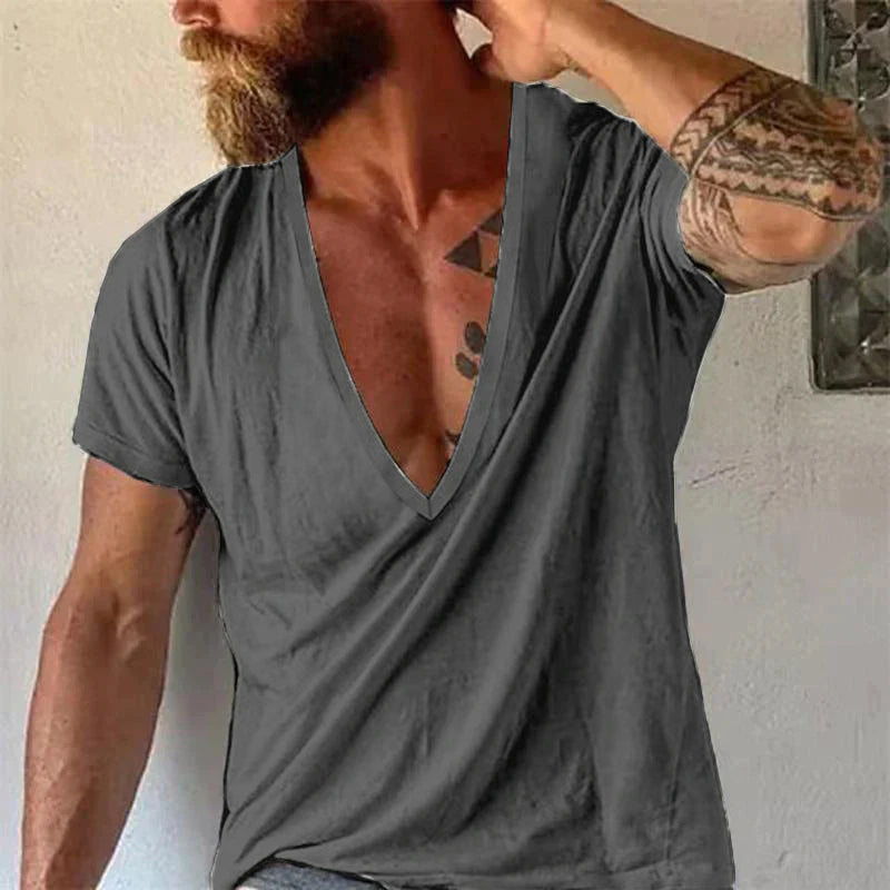 Homme T-shirt Manches Courtes à Col V Profond Coupe Ample