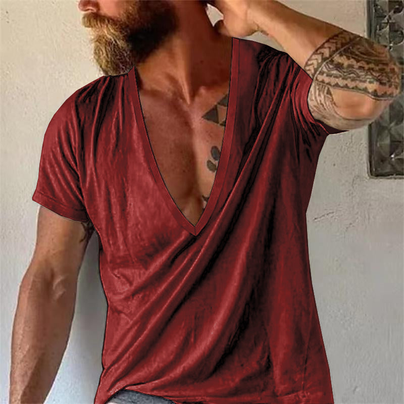 Homme T-shirt Manches Courtes à Col V Profond Coupe Ample