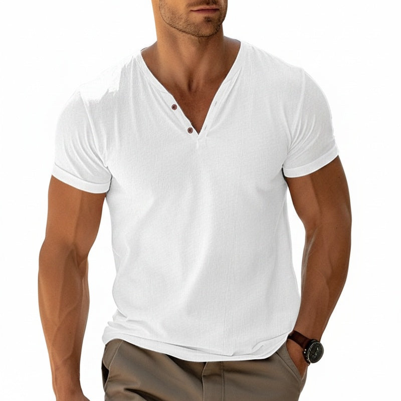 Homme T-Shirt Manches Courtes avec Col en V et Boutons