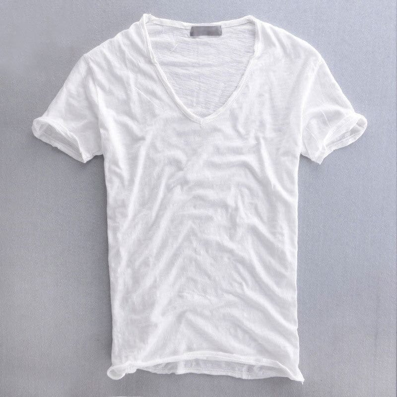Homme T-Shirt Manches Courtes avec Col en V Profond Slim Fit
