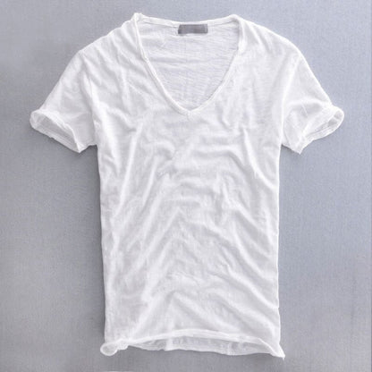Homme T-Shirt Manches Courtes avec Col en V Profond Slim Fit