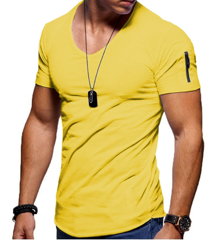 Homme T-shirt Manches Courtes Col en V Slim avec Poche Zippée sur la Manche