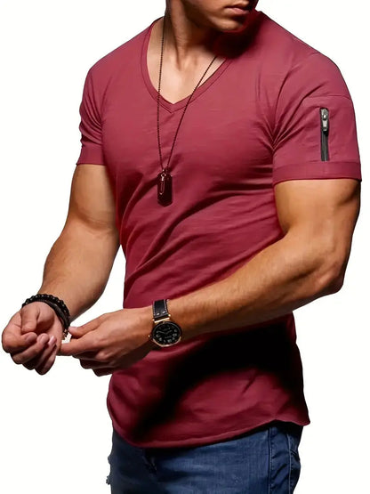Homme T-shirt Manches Courtes Col en V Slim avec Poche Zippée sur la Manche