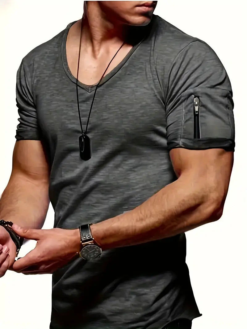 Homme T-shirt Manches Courtes Col en V Slim avec Poche Zippée sur la Manche