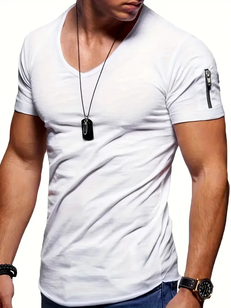 Homme T-shirt Manches Courtes Col en V Slim avec Poche Zippée sur la Manche