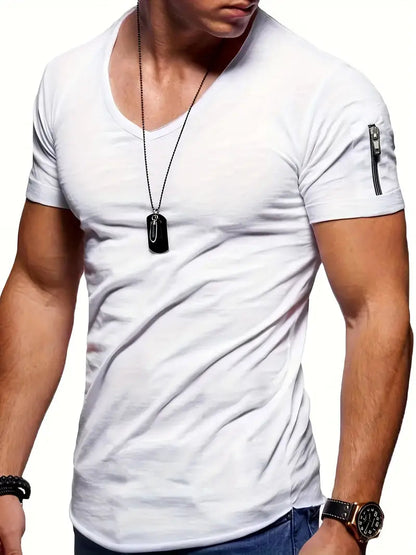 Homme T-shirt Manches Courtes Col en V Slim avec Poche Zippée sur la Manche