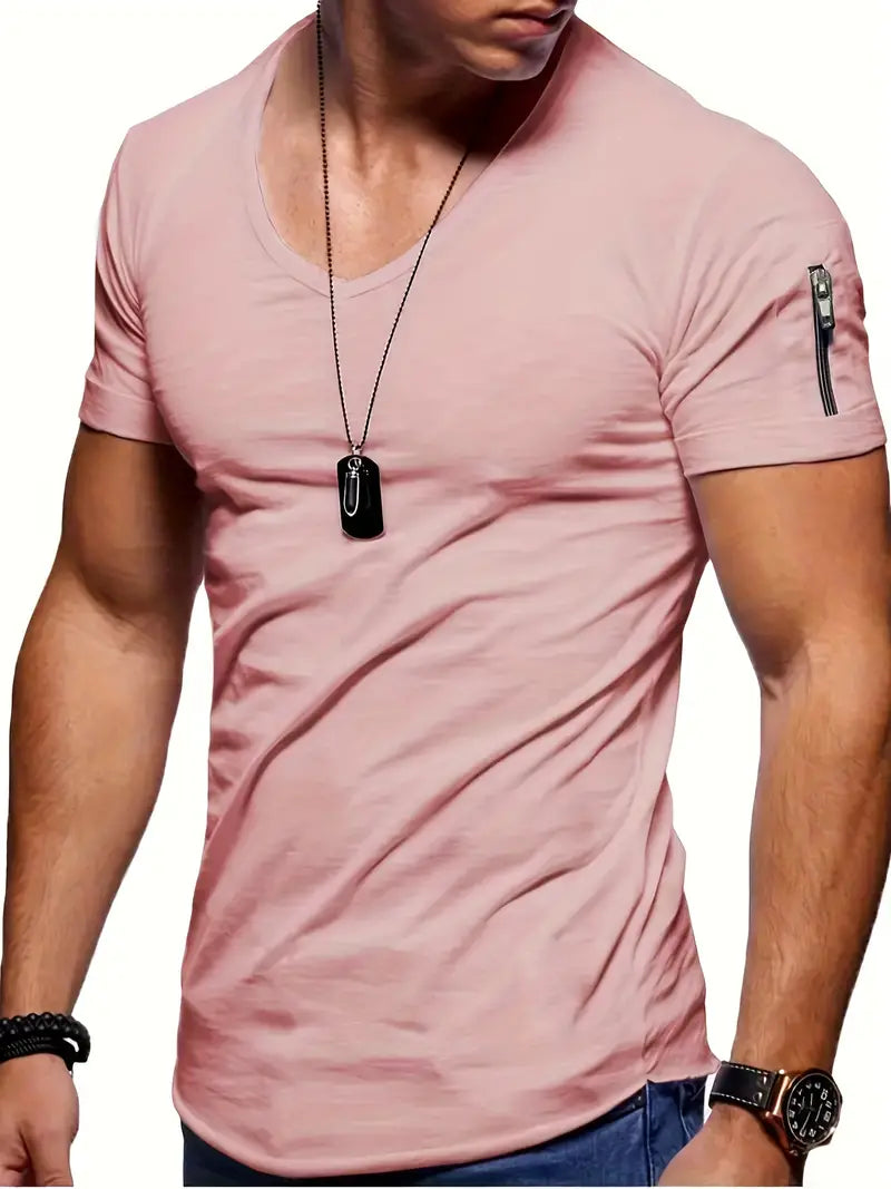 Homme T-shirt Manches Courtes Col en V Slim avec Poche Zippée sur la Manche