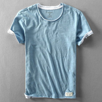 Homme T-Shirt Manches Courtes Col Rond Vintage Fit avec Liseré Contrastant