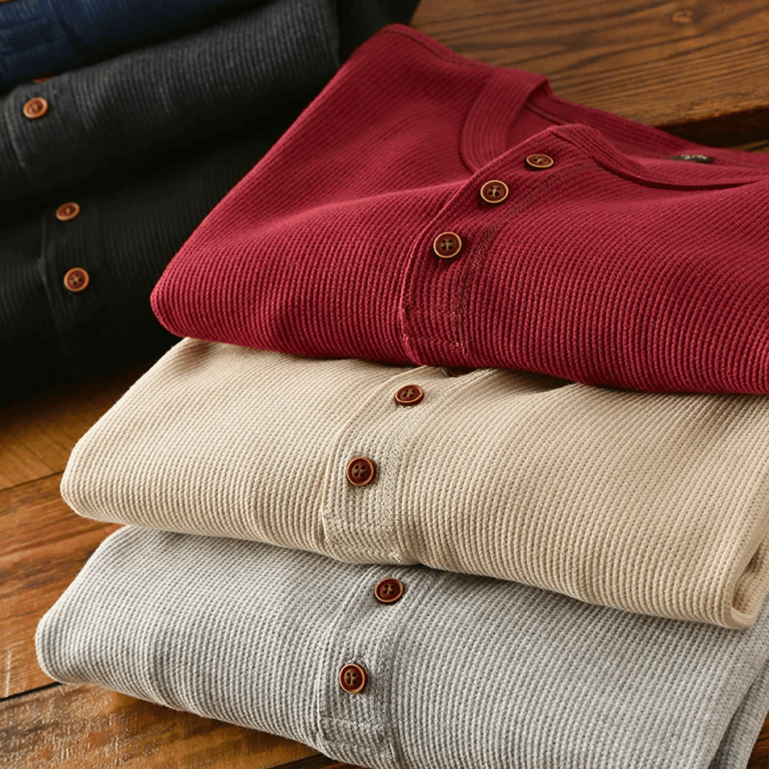 Homme T-shirt Manches Longues avec Col Henley et Boutons