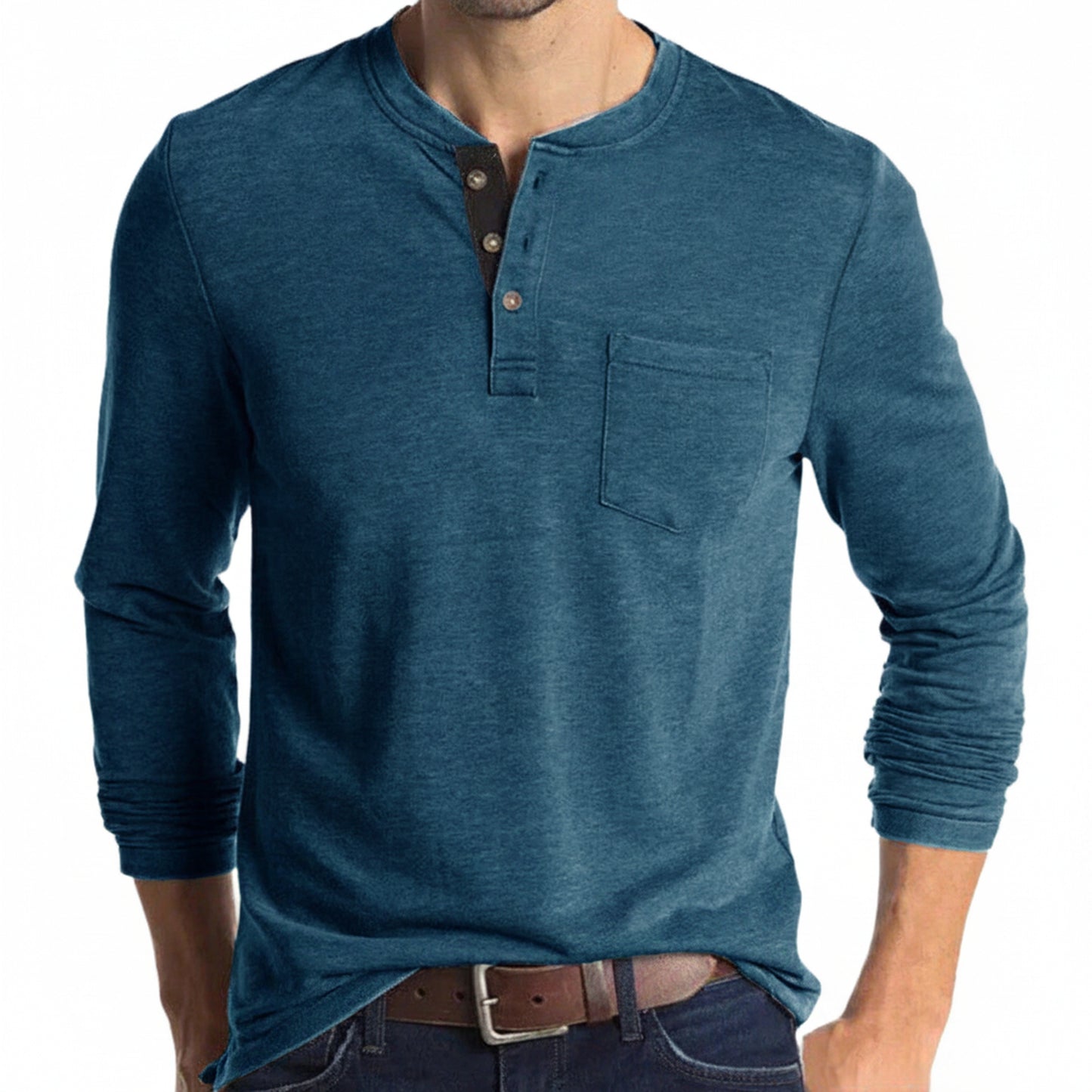 Homme T-shirt Manches Longues Henley avec Poche Poitrine et Boutons