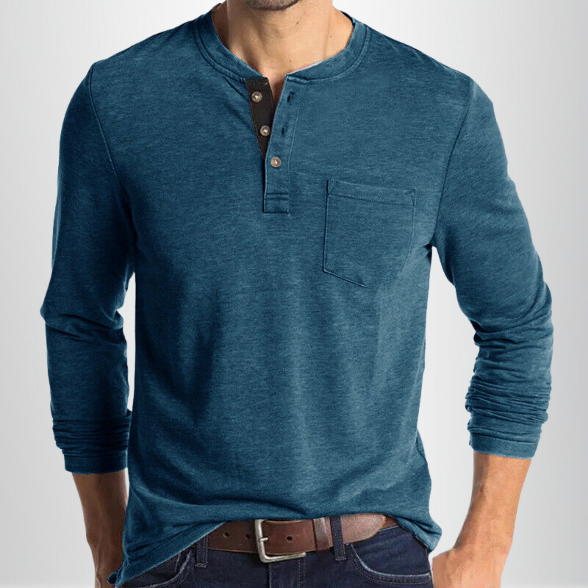 Homme T-shirt Manches Longues Henley avec Poche Poitrine et Boutons