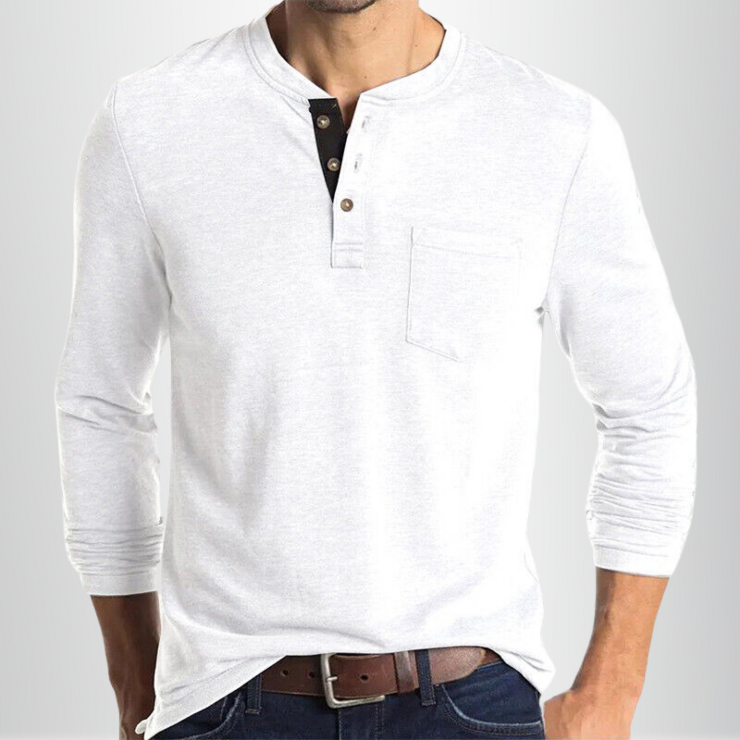 Homme T-shirt Manches Longues Henley avec Poche Poitrine et Boutons