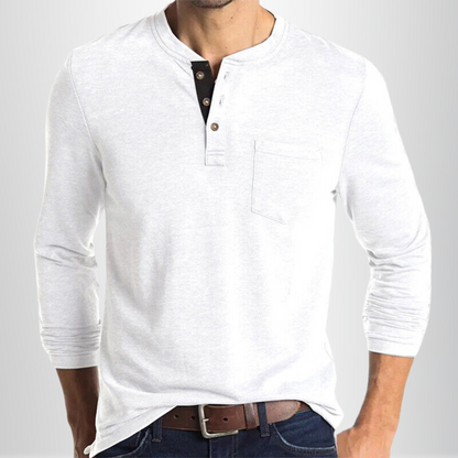 Homme T-shirt Manches Longues Henley avec Poche Poitrine et Boutons