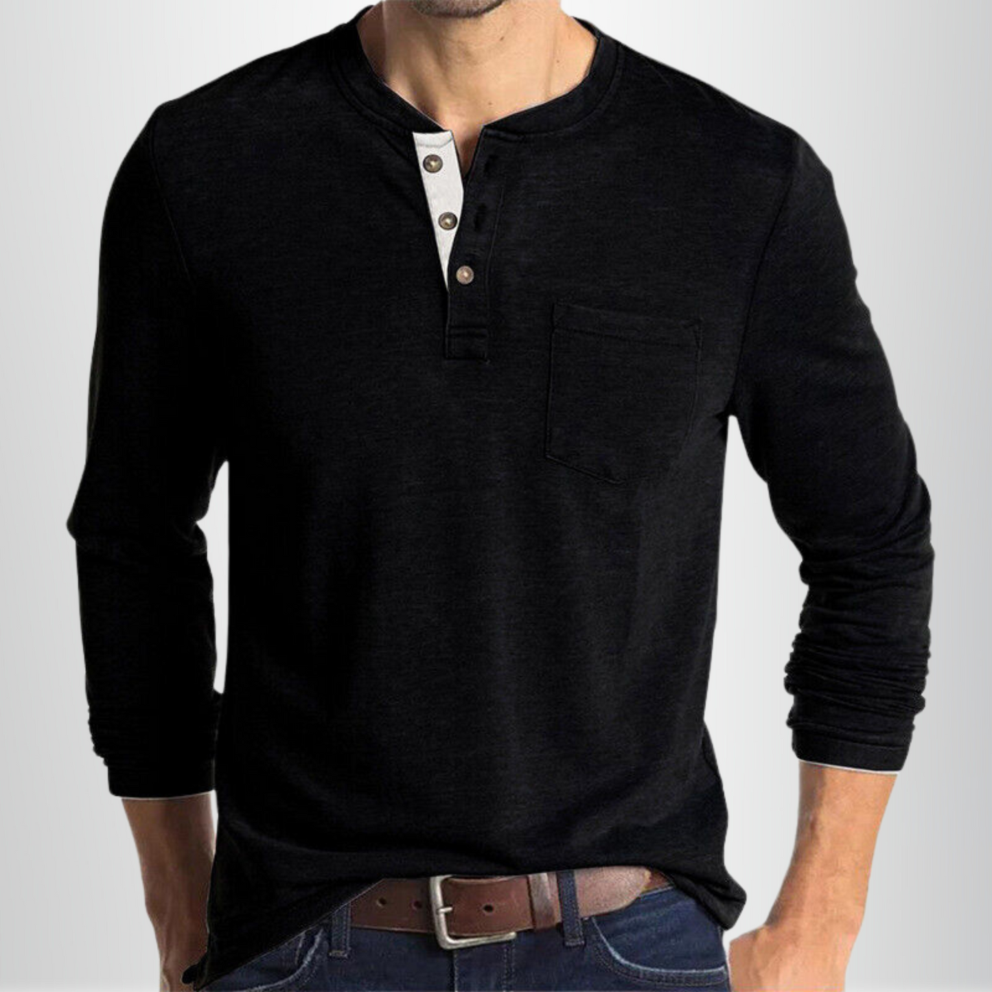 Homme T-shirt Manches Longues Henley avec Poche Poitrine et Boutons