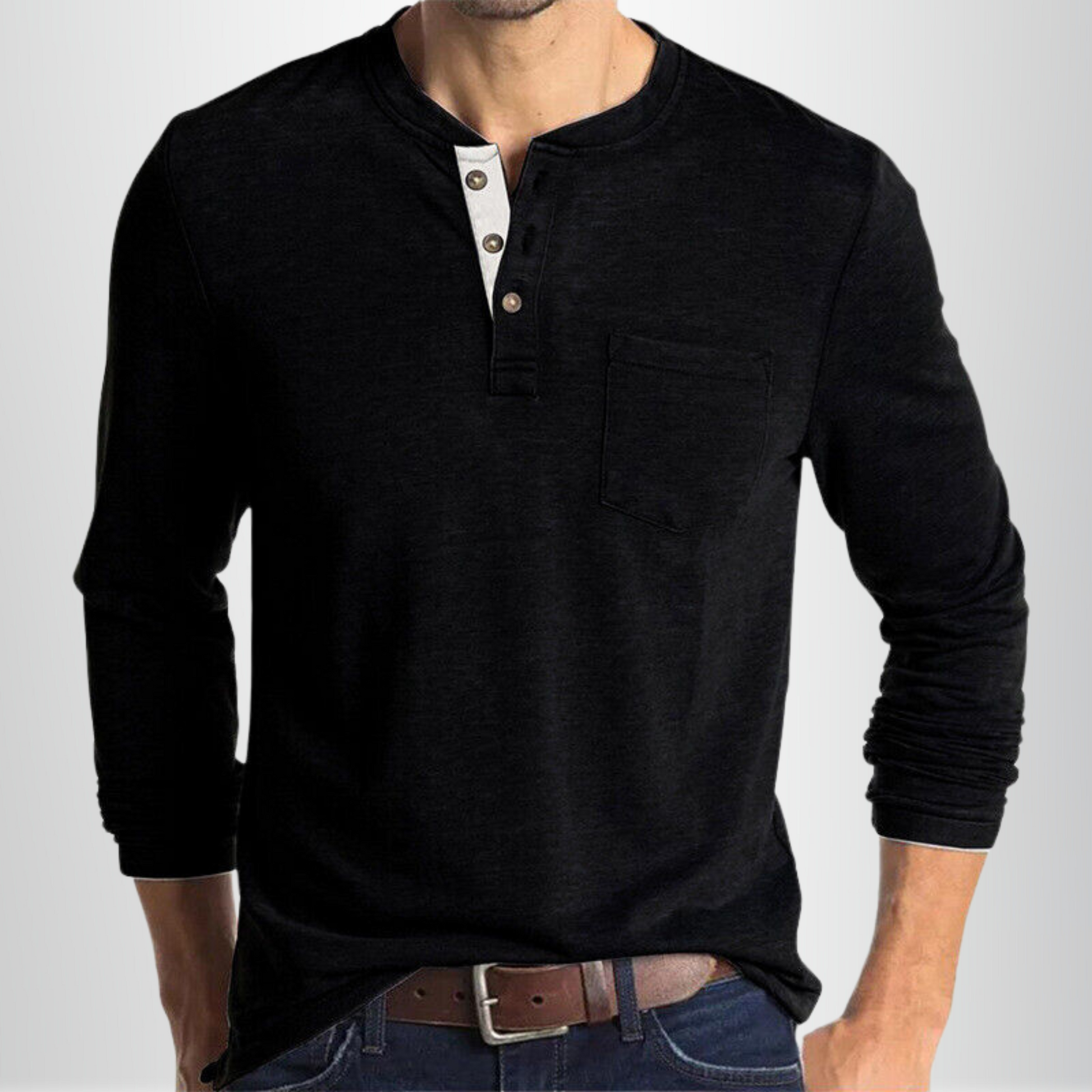 Homme T-shirt Manches Longues Henley avec Poche Poitrine et Boutons