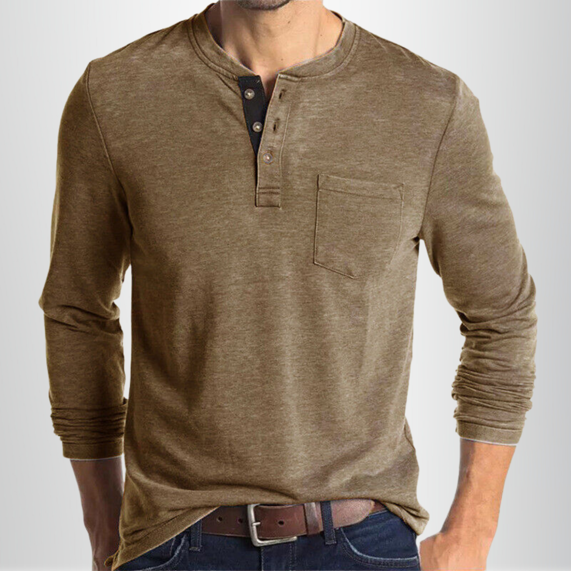 Homme T-shirt Manches Longues Henley avec Poche Poitrine et Boutons