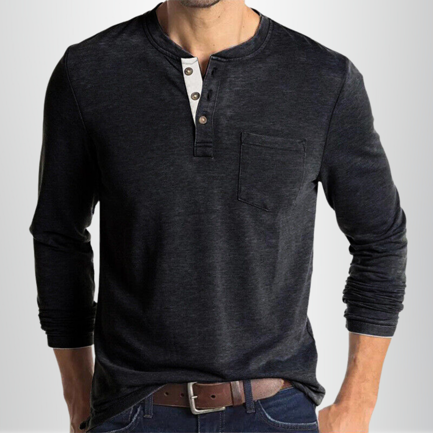 Homme T-shirt Manches Longues Henley avec Poche Poitrine et Boutons