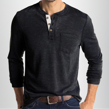 Homme T-shirt Manches Longues Henley avec Poche Poitrine et Boutons