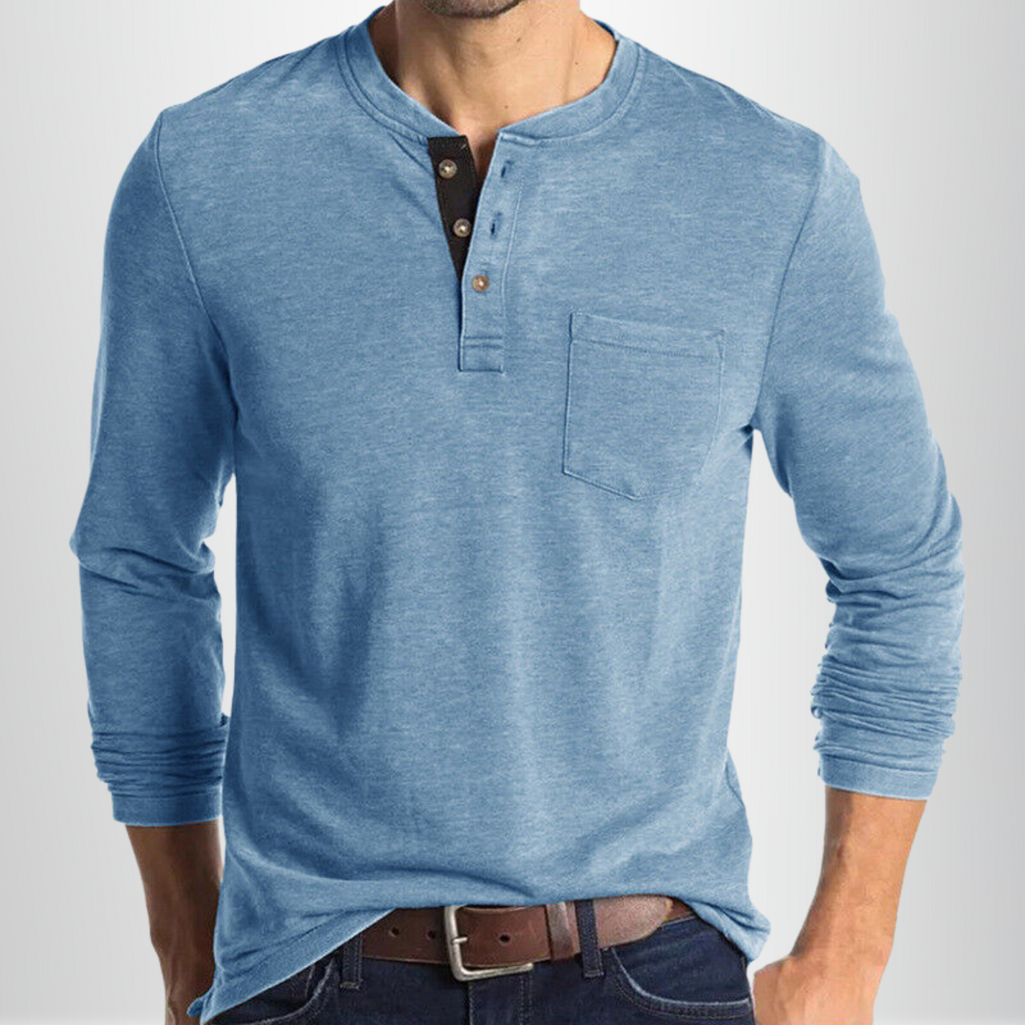 Homme T-shirt Manches Longues Henley avec Poche Poitrine et Boutons