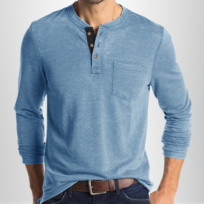 Homme T-shirt Manches Longues Henley avec Poche Poitrine et Boutons