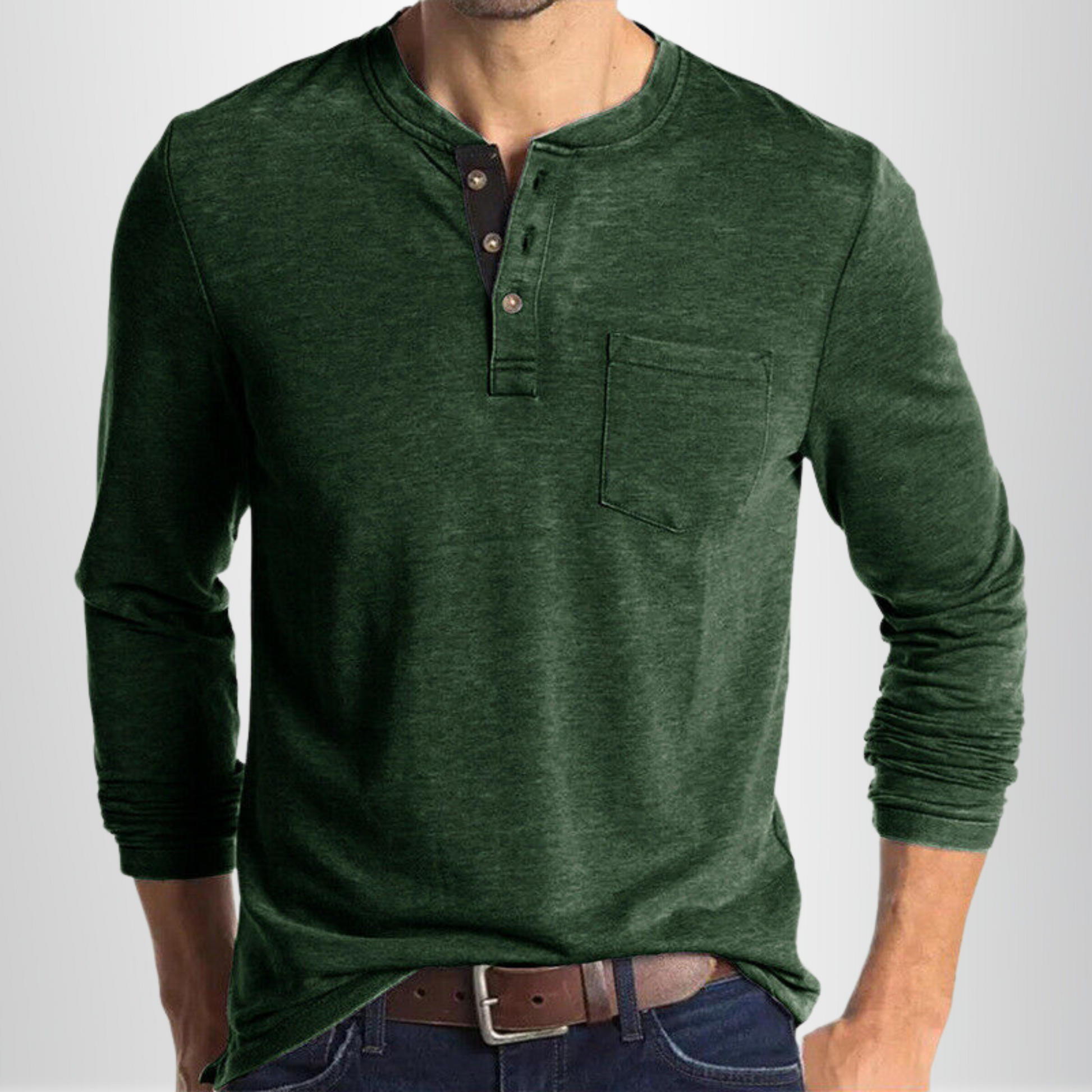 Homme T-shirt Manches Longues Henley avec Poche Poitrine et Boutons
