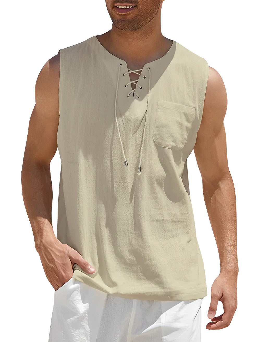 Homme Tank Top sans Manches avec Col V et Lacets