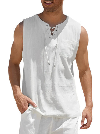 Homme Tank Top sans Manches avec Col V et Lacets