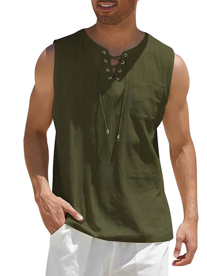 Homme Tank Top sans Manches avec Col V et Lacets