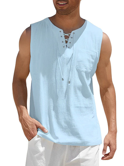 Homme Tank Top sans Manches avec Col V et Lacets